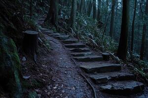 Stone steps leading up to a forest photo