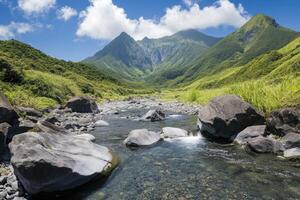 Mountain stream flows through valley photo