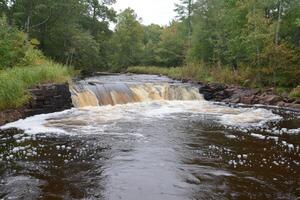 Waterfall cascading through a rocky channel. Foamy water flowing over dark, rough stones. Lush trees line the banks photo