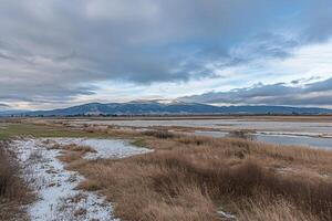 Winter landscape of a wetland with mountains in the background photo