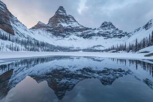 Frozen alpine lake reflecting snow-capped peaks photo