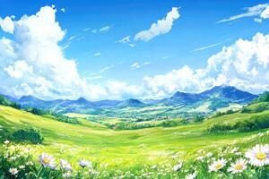 Lush meadow, vast landscape, sunny day, idyllic scene photo