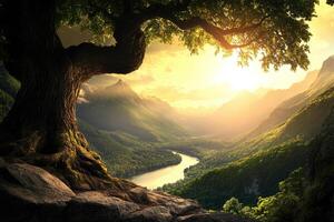 Majestic mountain vista at golden hour photo