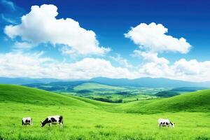 Idyllic pasture scene with grazing cows. Lush green hills under a vibrant blue sky, dotted with fluffy white clouds. Three black and white cows peacefully graze in a vast meadow photo