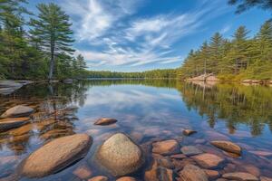 Tranquil lake scene with reflections photo