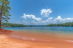 Tranquil lakefront scenery photo