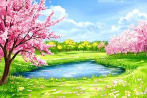 Springtime park with a pond and blossoming trees photo