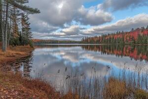 Autumn lake scene with colorful foliage reflected on still water photo