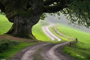 Misty rural lane winds through lush green landscape, beneath a large ancient tree photo