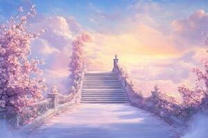 Snowy staircase to a pastel sky photo