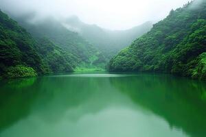 Serene mountain lake. Lush green landscape photo