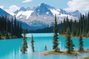 Serene alpine lake nestled amongst towering pines and snow-capped peaks photo