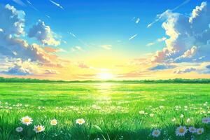 Sunrise over a vibrant meadow photo
