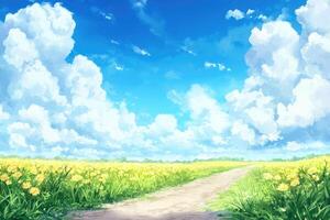 Sunny field path under a vast, cloud-filled sky photo