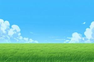 Vast, vibrant green field under a clear, cloud-filled sky photo
