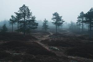Misty forest path through a wooded expanse photo