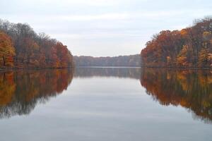 Autumnal lake reflecting fall foliage photo