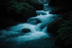 Water cascading over rocks in a serene forest stream photo