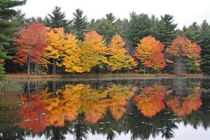 Autumn foliage reflected in a still pond photo