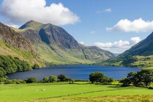Mountainous lake landscape under a blue sky photo