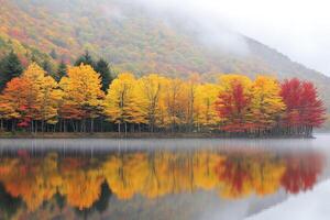 Autumnal lake reflections in a misty landscape photo