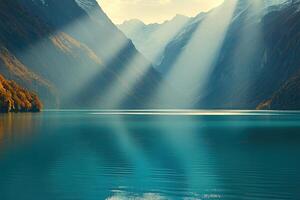 Serene mountain lake bathed in sunlight photo