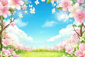Springtime blossoms frame a vibrant landscape photo