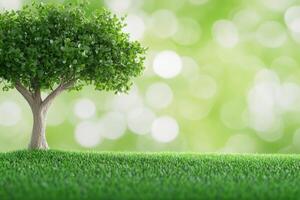 Lush green tree on a grassy field, soft bokeh background photo