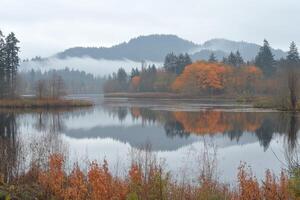 Misty autumn lake scene with fall colors reflected photo