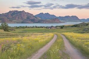 A scenic dirt road winds through a meadow towards a tranquil lake and mountains photo