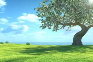 Spring blossoms over a grassy hill by the sea photo