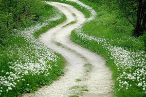 Winding path through a meadow of white flowers photo