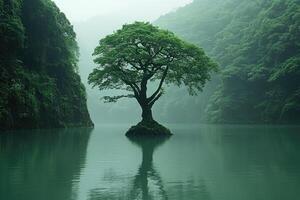 Solitary tree in tranquil lake photo
