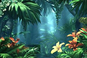 Lush tropical jungle scene, vibrant foliage photo