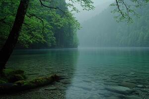 Misty mountain lake scene. Tranquil water reflects lush green forest photo