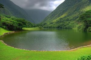 Serene mountain lake nestled in lush tropical foliage photo