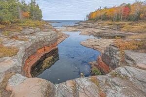 Autumnal rock pools reflecting sky photo