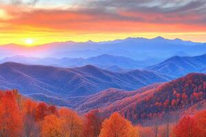 Autumnal mountain vista at sunrise. Layers of colorful peaks and forests bathed in the warm hues of a vibrant sunrise photo