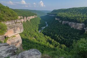 High angle view of a deep valley, lush forests, and a winding river photo