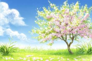 Spring blossoms in a field under a clear sky photo