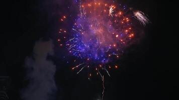 bright colorful festive fireworks display at the celebration of pyrotechnic show in night sky video