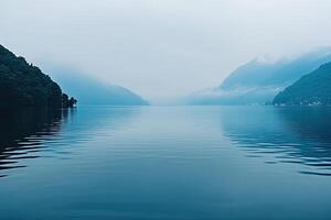Misty lake scene with mountains photo