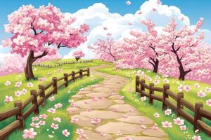 Springtime path winding through blossoming cherry trees photo