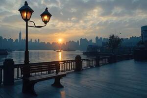 Sunrise over cityscape, tranquil waterfront photo