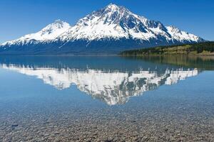 Mountain reflection in a crystal-clear lake. A pristine, snow-capped peak mirrored perfectly in the still water photo