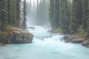 Misty river rapids in a forested canyon photo