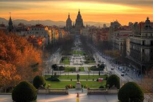 Panoramic view of a city park at sunset. A broad avenue stretches into the distance, lined with trees and buildings. Golden hour light bathes the scene photo