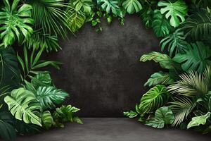Lush Tropical Plants Frame Dark Concrete Wall photo