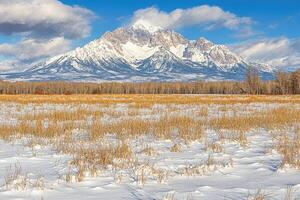 Snowy mountain range, winter landscape photo