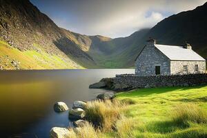 Rustic cabin nestled beside a tranquil lake, amidst dramatic mountains photo
